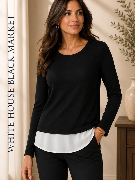 White House Black Market Tops - Black Layered Long-Sleeve Knit Top with White Faux Underlay